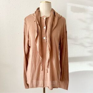 ZARA Brown Henley Loose Fit Long Sleeve Top Thin Knit w/ Scarf Women's sz Small